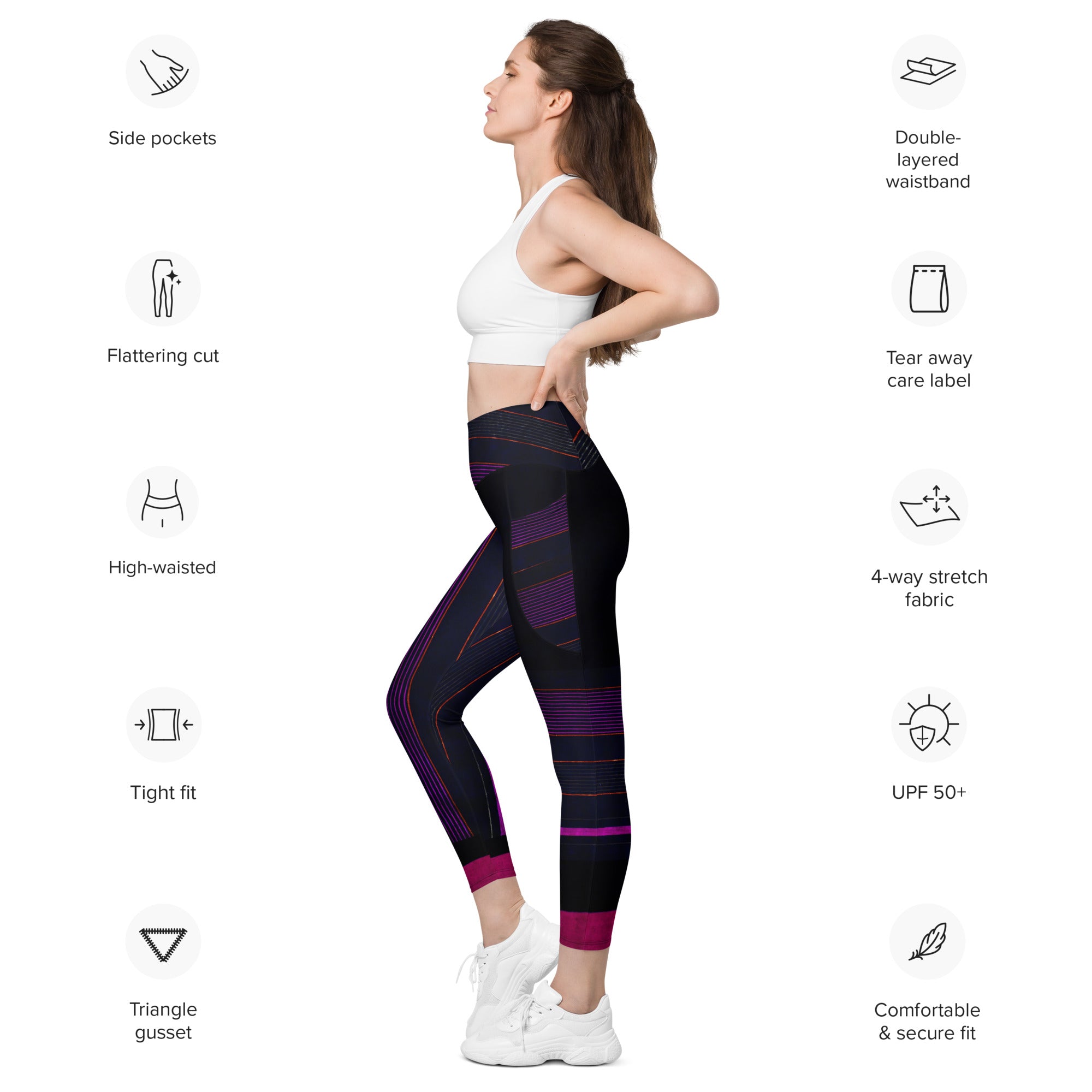 Black Gym Leggings with Pockets. Purple Pin Stripes Dance Leggings. Crossover Waist Yoga Pants. "Peppermint" by WickedYo.